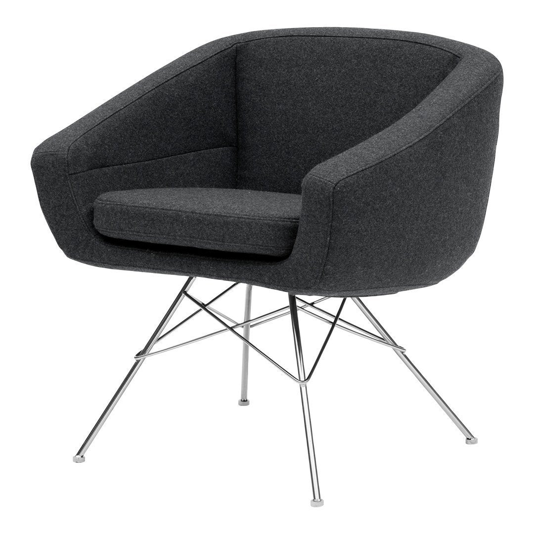 Stylish gray armchair with a textured fabric and sleek chrome legs, perfect for modern decor.