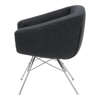 Gray upholstered chair with a sleek chrome base, featuring a minimalist design and smooth, modern lines.