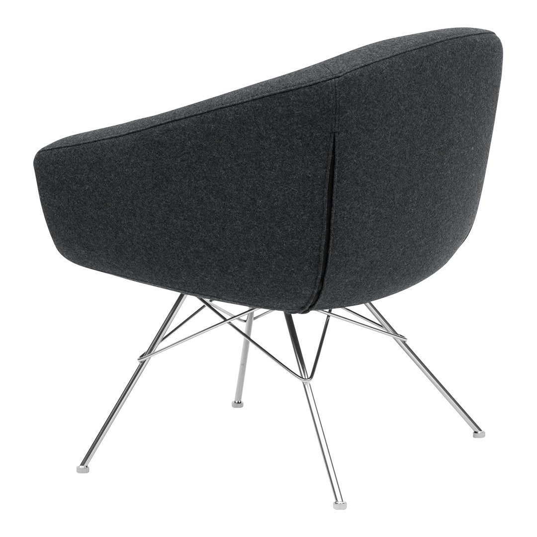 Stylish black fabric chair with a sleek modern design and chrome legs, featuring a smooth, curved silhouette.