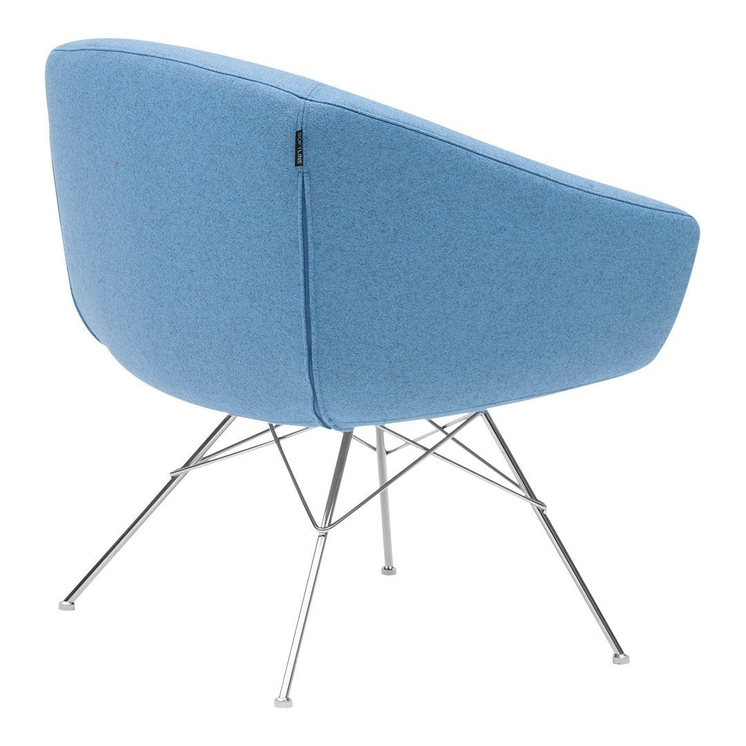 Sky blue upholstered chair with a sleek chrome base, featuring a smooth, modern design with no visible patterns.