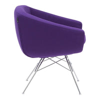 Purple upholstered chair with a sleek chrome base, featuring a modern, minimalist design.