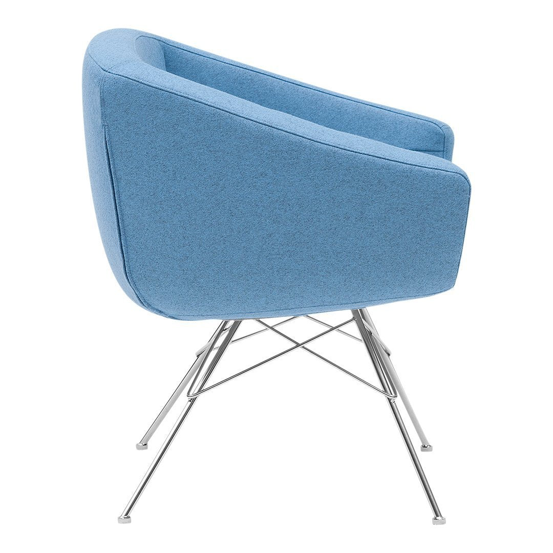 Soft blue upholstered chair with a sleek chrome base, featuring a smooth, modern design for contemporary decor.