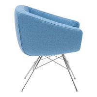 Soft blue upholstered chair with a sleek chrome base, featuring a smooth, modern design for contemporary decor.