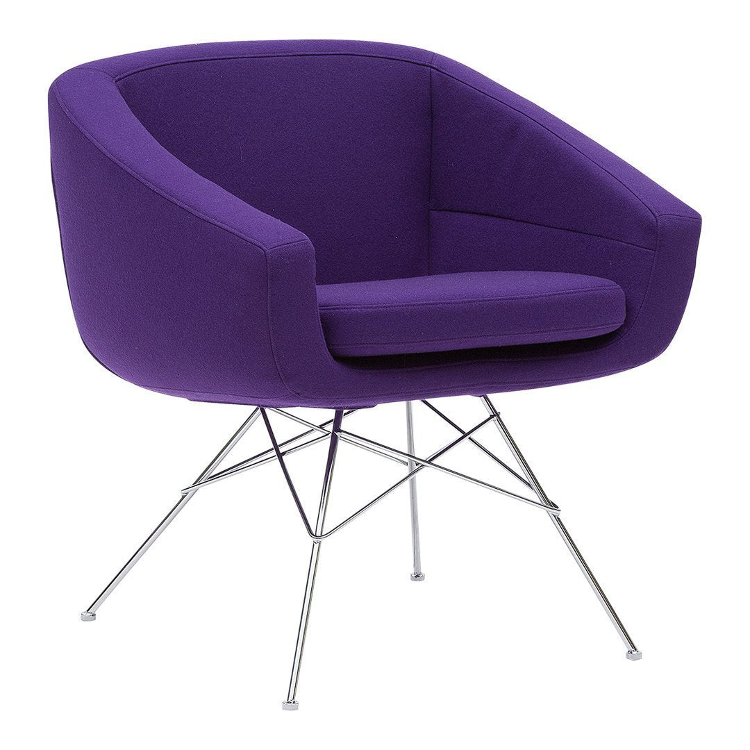 Purple upholstered chair with a modern design and chrome legs, featuring a smooth, solid color finish.