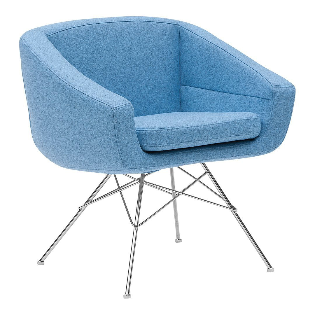 Light blue upholstered chair with a smooth texture and sleek chrome legs, featuring a modern and minimalist design.