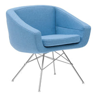 Light blue upholstered chair with a smooth texture and sleek chrome legs, featuring a modern and minimalist design.