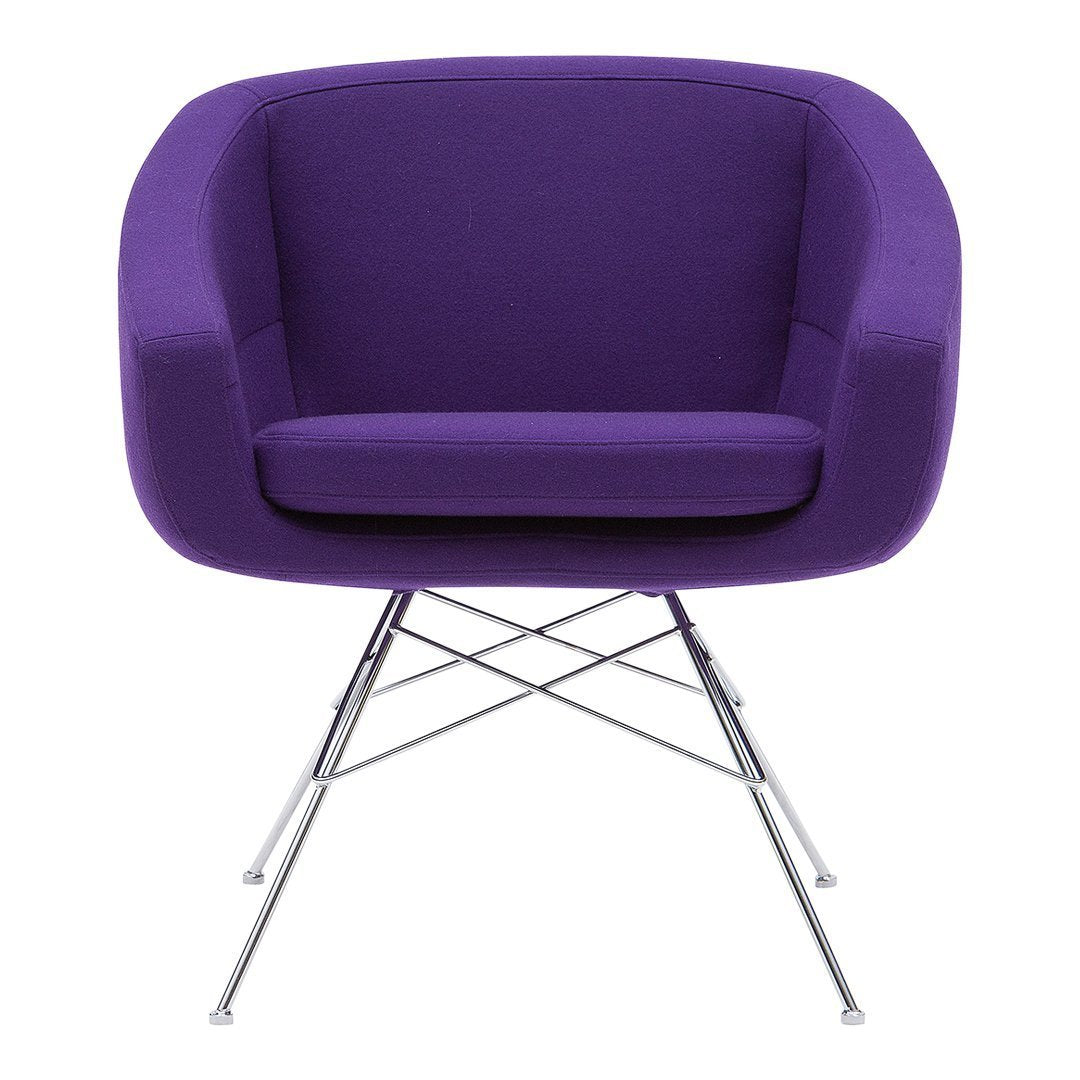 Vibrant purple upholstered chair with sleek chrome legs, featuring a modern, minimalist design. Perfect for stylish decor.