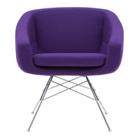 Vibrant purple upholstered chair with sleek chrome legs, featuring a modern, minimalist design. Perfect for stylish decor.