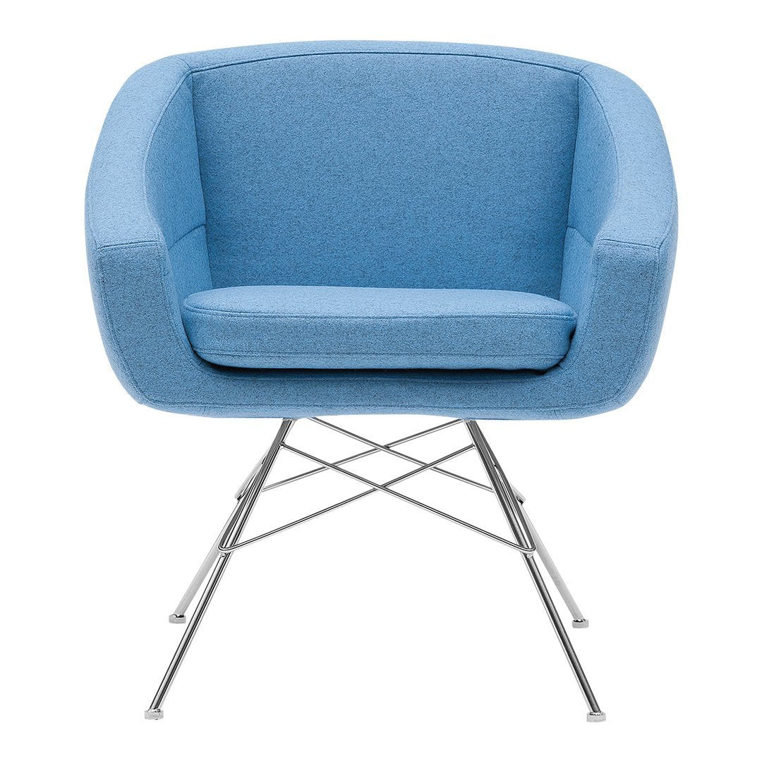 Light blue upholstered chair with a modern design and stainless steel base. Ideal for contemporary decor.