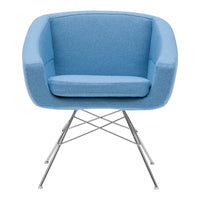 Light blue upholstered chair with a modern design and stainless steel base. Ideal for contemporary decor.