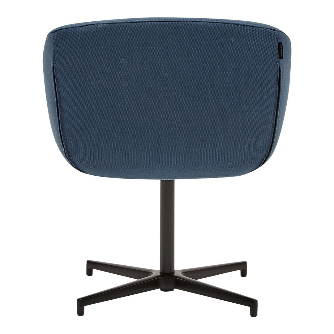 Blue upholstered chair with a smooth, modern design and a sleek black metal base. Ideal for contemporary decor.