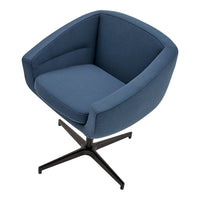 Stylish blue upholstered chair with a smooth, modern design and a sleek black base. Ideal for contemporary spaces.