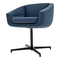 Blue upholstered swivel chair with a smooth, solid pattern and a sleek black metal base. Perfect for modern decor.