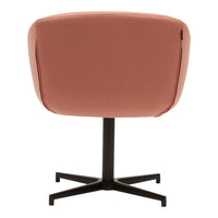 Stylish pink upholstered chair with a sleek black metal base and minimalist design. Perfect for modern decor.