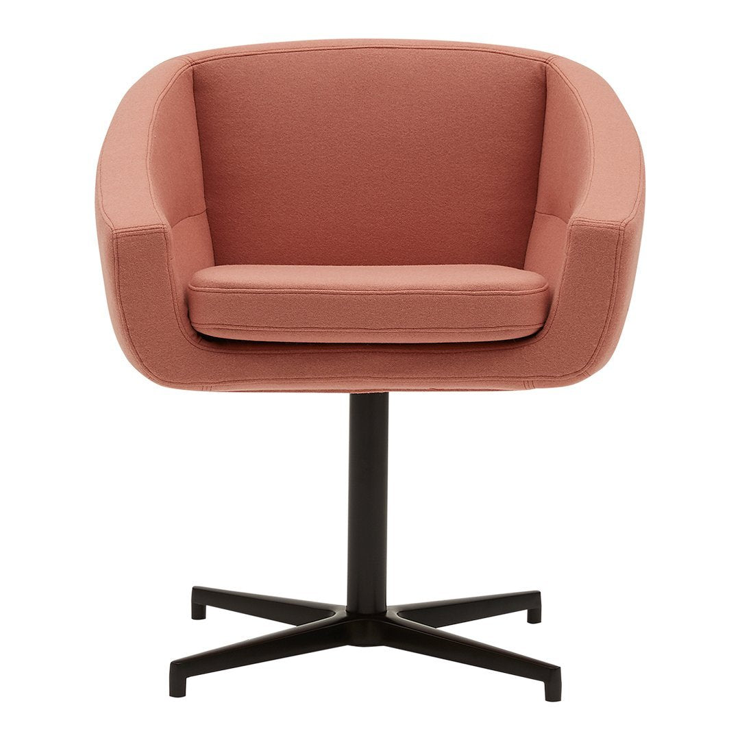 Pink upholstered chair with a smooth, modern design and a sleek black base. Ideal for contemporary spaces.
