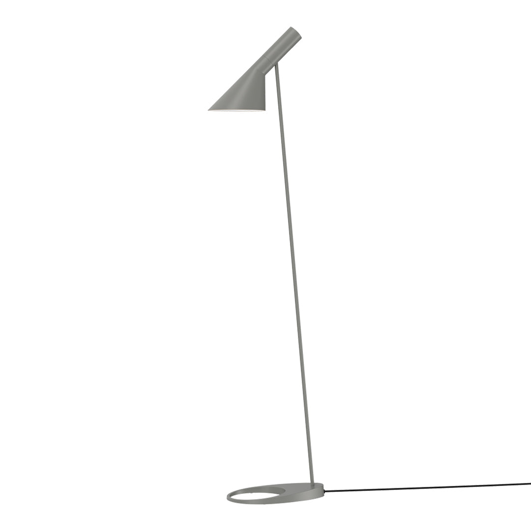 Sleek gray floor lamp with a minimalist design and angular shade, featuring a circular base for modern decor.