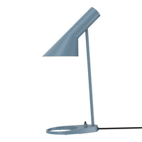 Blue desk lamp with a sleek, modern design and smooth matte finish, featuring a black power cord.