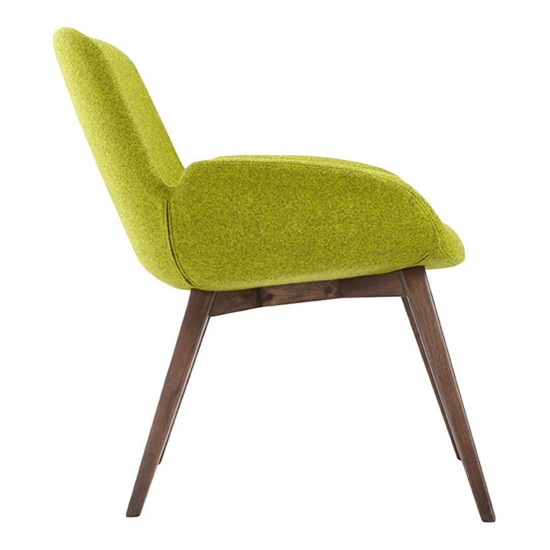 Sleek mid-century chair featuring a vibrant lime green upholstery and natural wood legs. Ideal for modern decor.