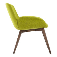 Sleek mid-century chair featuring a vibrant lime green upholstery and natural wood legs. Ideal for modern decor.