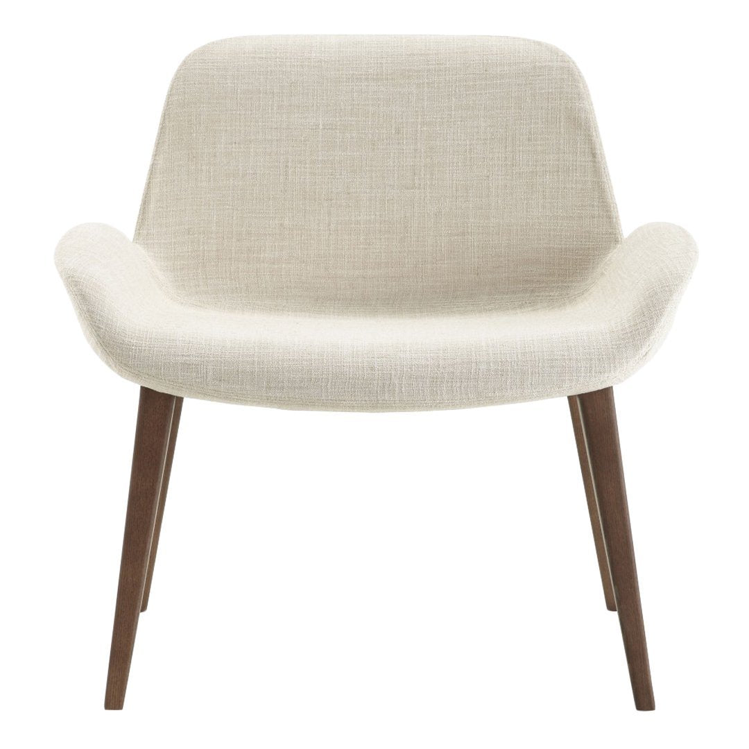 Cream upholstered armchair with a textured finish and dark wooden legs. Modern, minimalist design for any decor.