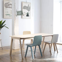 Light wood dining table surrounded by pastel-colored chairs in blue, white, and natural tones, set in a bright room.