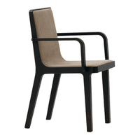 Modern black armchair with a sleek design and a soft beige fabric seat, perfect for contemporary decor.