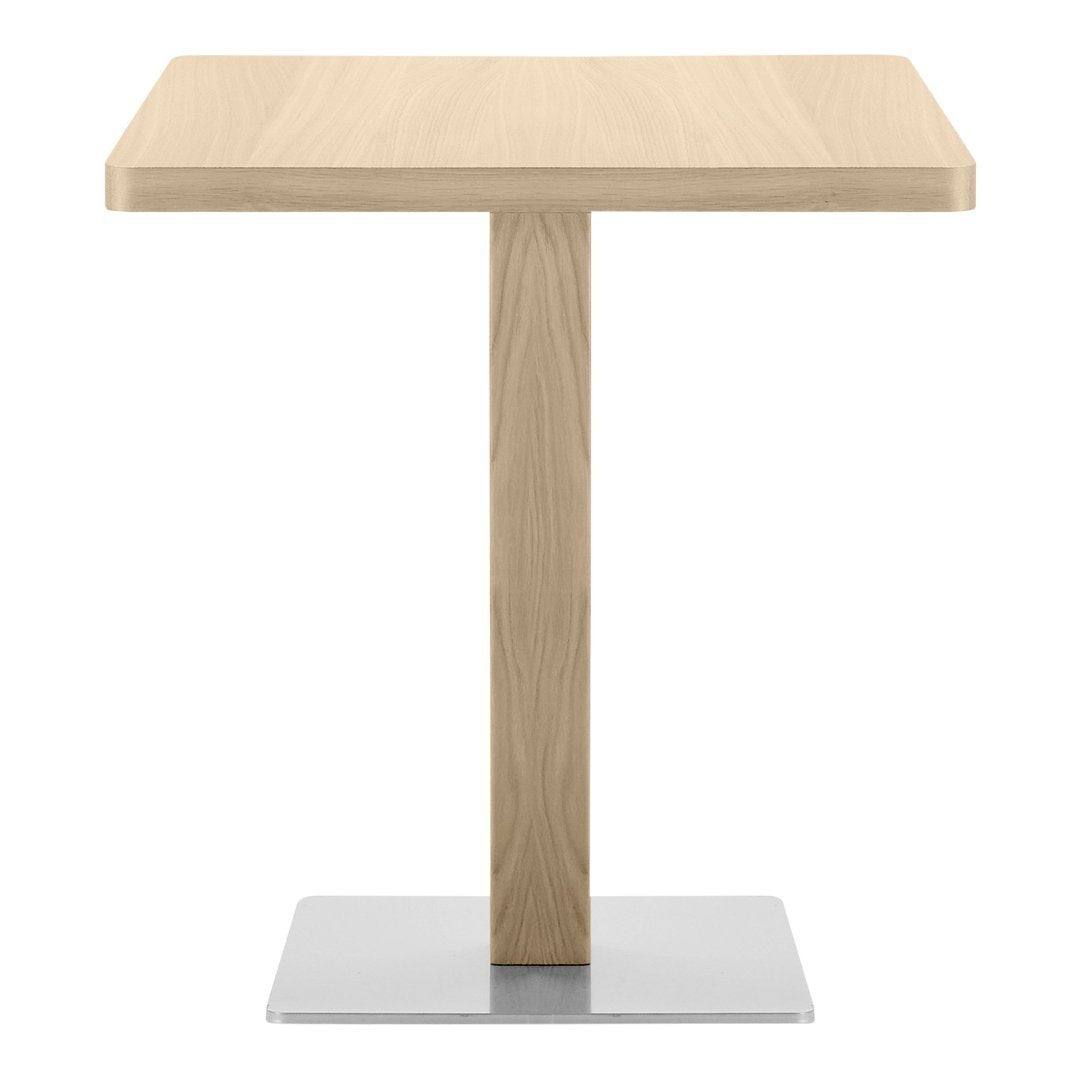 Light oak wood tabletop with a smooth finish, supported by a sleek, stainless-steel base, minimalistic design.