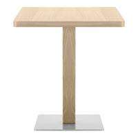 Light oak wood tabletop with a smooth finish, supported by a sleek, stainless-steel base, minimalistic design.