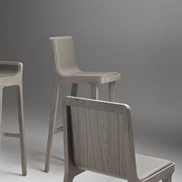 Gray wooden bar stools with sleek lines and minimalist design, featuring a smooth finish and subtle grain patterns.