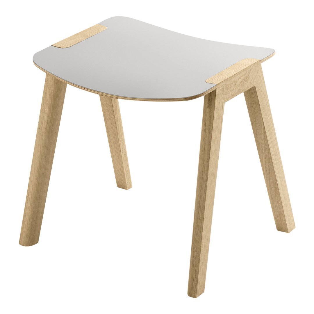 Minimalist gray stool with natural wood legs, showcasing a sleek and modern design. Perfect for any contemporary space.