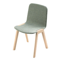 Green fabric chair with a modern design, complemented by natural wood legs. Simple and stylish decor addition.