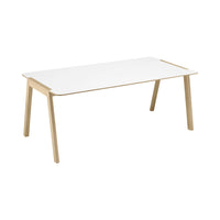 White tabletop with natural wood legs, minimalist design, and clean lines for a contemporary look.