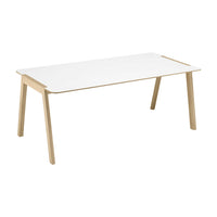 White tabletop with natural wood legs, showcasing a minimalist and modern design. Perfect for versatile decor styles.