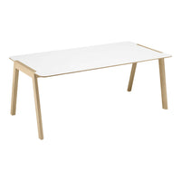 White tabletop with natural wood legs, featuring a sleek, minimalist design. Ideal for modern decor.