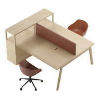 Modern light wood desk with a brown fabric screen and matching brown chairs. Clean lines and minimalist design.