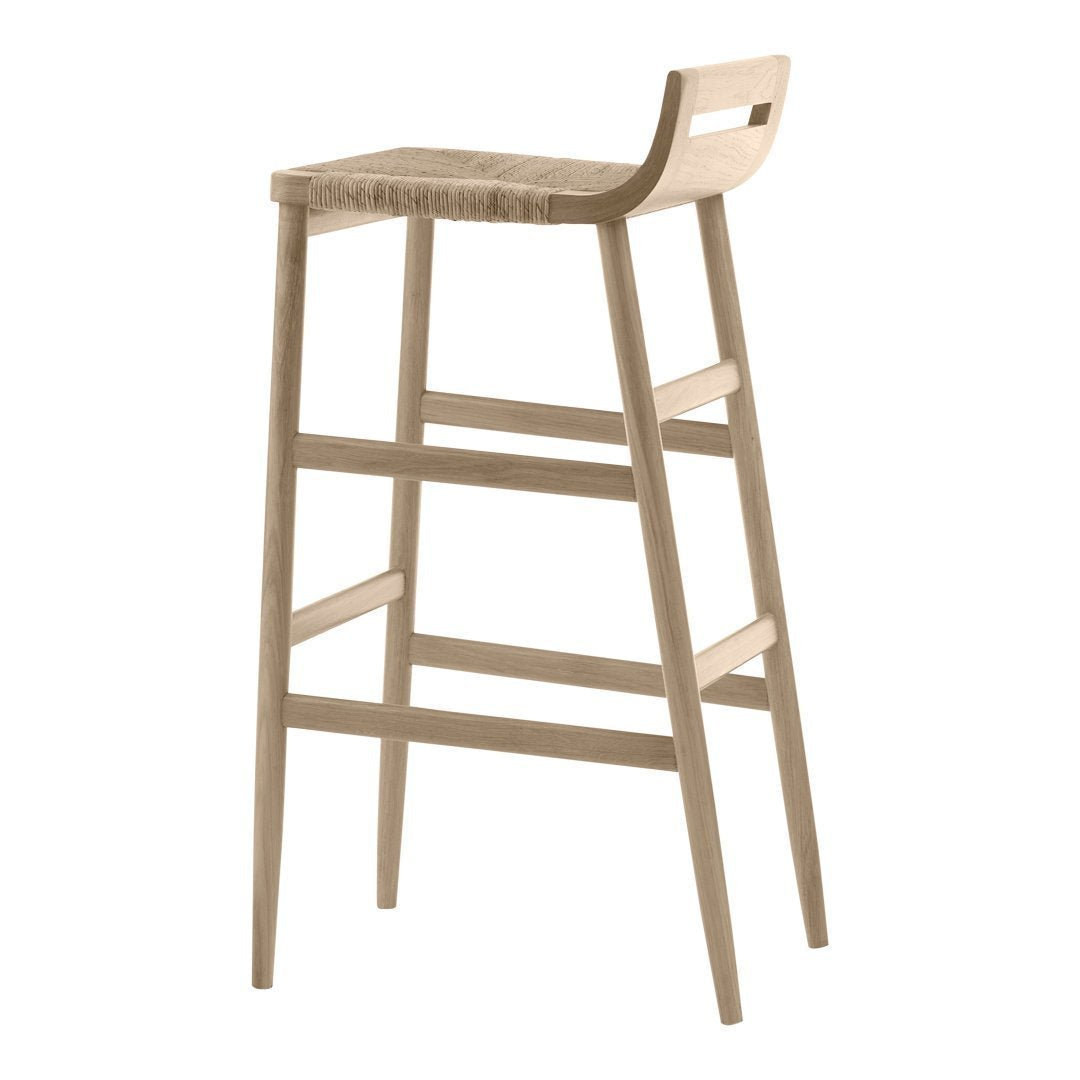 Natural wood bar stool with a light beige finish and smooth, minimalist design.