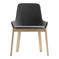 Stylish gray upholstered chair with a sleek wooden frame, showcasing a modern minimalistic design.