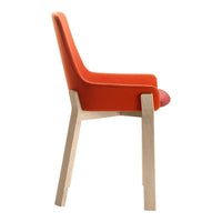 Orange upholstered chair with wooden legs, featuring a sleek modern design and vibrant color.