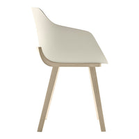 Light beige chair with smooth, curved design and natural wood legs, offering a minimalist aesthetic.