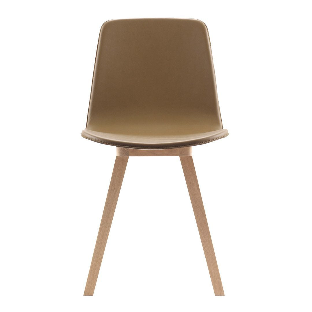 Modern brown plastic chair with natural wood legs, featuring a sleek, minimalistic design and smooth surface.
