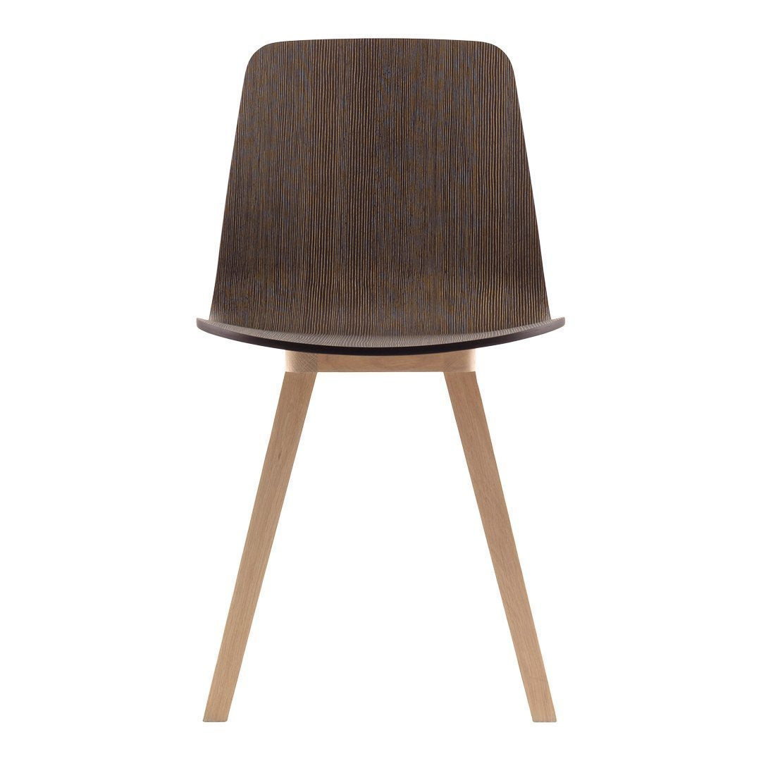 Brown wood grain chair with minimalist design and light wood legs, perfect for modern decor.