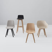 Modern chairs in black, light grey, beige, and natural wood tones, featuring sleek, minimalistic designs.