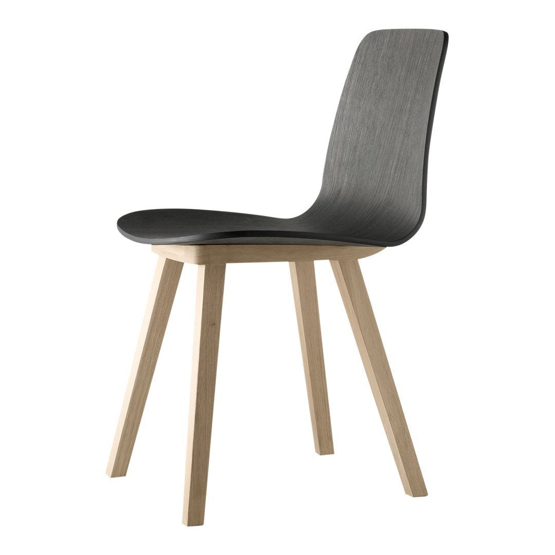 Sleek black chair with a smooth wood grain finish and light natural wood legs, perfect for modern decor.