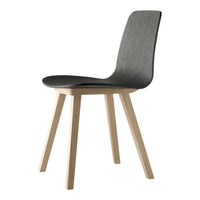 Sleek black chair with a smooth wood grain finish and light natural wood legs, perfect for modern decor.