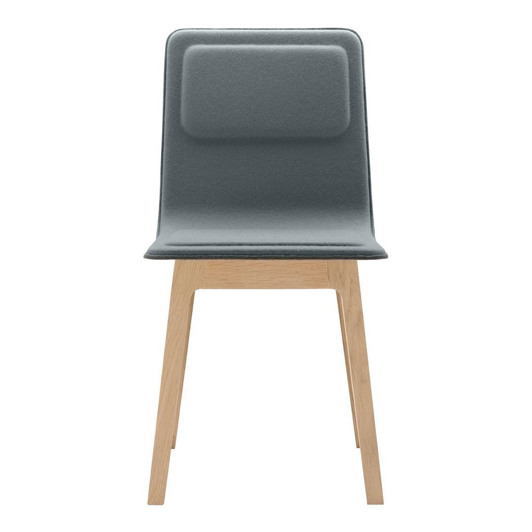 Modern gray chair with a smooth finish and natural wood legs, perfect for contemporary decor.