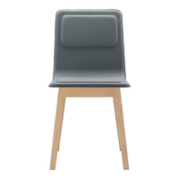 Gray upholstered chair with a smooth surface and natural wood legs, featuring a minimalistic and modern design.