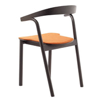 Modern chair featuring a sleek black frame and a vibrant orange seat, highlighting a minimalist design.
