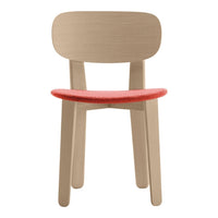 Light wood chair with a simple design, featuring a vibrant coral seat and smooth, rounded edges.