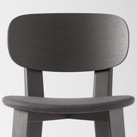 Sleek gray wood chair with a smooth, brushed finish and a soft gray upholstered seat. Modern, minimalist design.