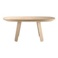 Light wooden oval dining table with a smooth, natural finish and minimalist design. Perfect for contemporary settings.